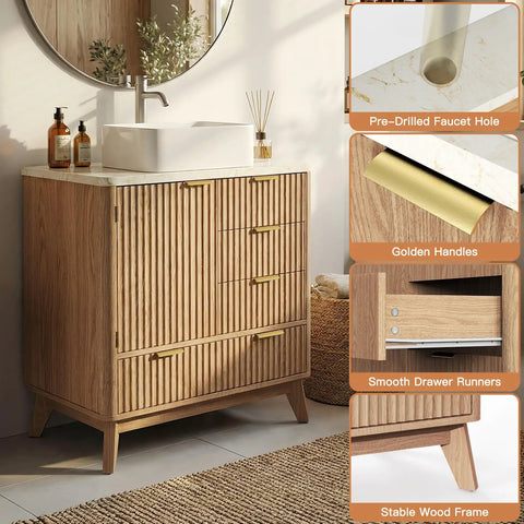 31-Inch Fluted Bathroom Vanity Crafted From Solid Natural Oak Featuring A Heavy-Duty One-Piece Ceramic Bowl Scratch-Proof Topcoat Straight-Up Durable Built Like A Tank For The Daily Grind Easy Breezy Install Long Haul Performance