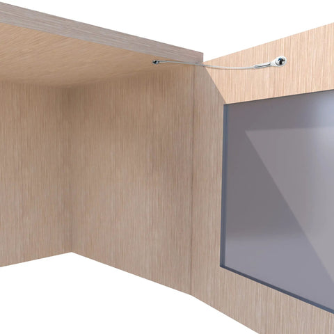 Two Pack Cabinet Door Restraint Kit With Door Stops Zinc Finish Includes Screws And Washers installed on wooden cabinet