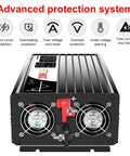 2000W Pure Sine Wave Inverter 12V To 120V AC Converter with protection icons, dual outlets, and cooling fans, black metal design