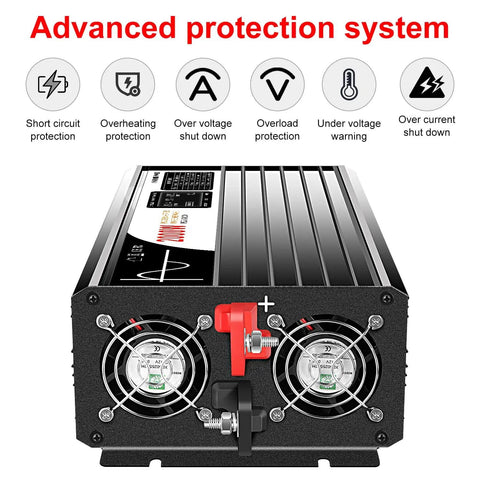 2000W Pure Sine Wave Inverter 12V To 120V AC Converter with protection icons, dual outlets, and cooling fans, black metal design