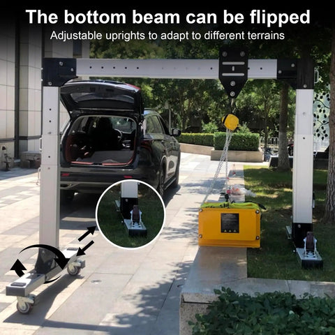 Heavy Duty Portable Gantry Crane Aluminum Frame with adjustable upright, 360 swivel wheels near a car in a park.