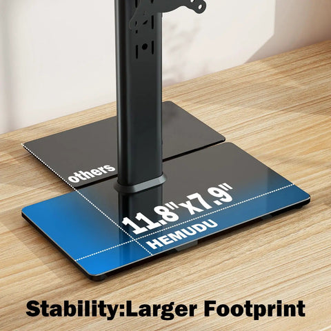 Free Standing Monitor Stand Riser For 13 To 32 Inch LCD Screen With Swivel Height Adjustable Rotation And VESA Compatibility 50x50 75x75 100x100 Holds One Screen Up To 77 Lbs base showing larger footprint.