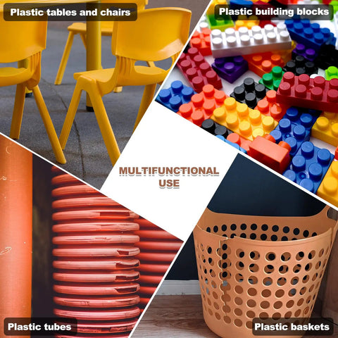 Collage of multifunctional plastic items: yellow chairs, colorful building blocks, spiral tubes, and perforated baskets.