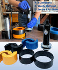 HKTE carrier and pinion bearing puller kit, front view with blue/orange/black spacers on a workbench