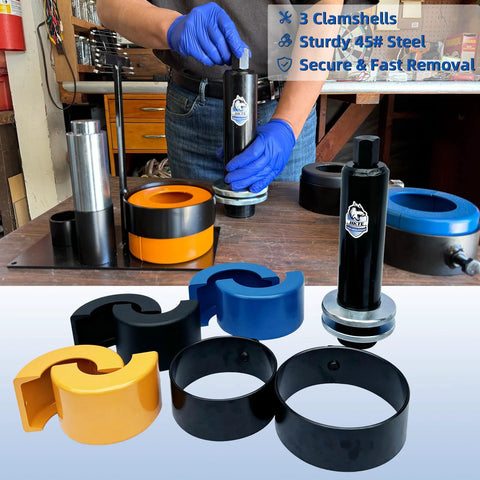 HKTE carrier and pinion bearing puller kit, front view with blue/orange/black spacers on a workbench