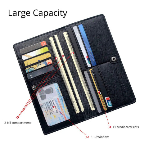 Open view of Ultra Slim Leather RFID Blocking Card Holder Wallet For Women Bifold Clutch Style Full Grain Pebbled Leather Black