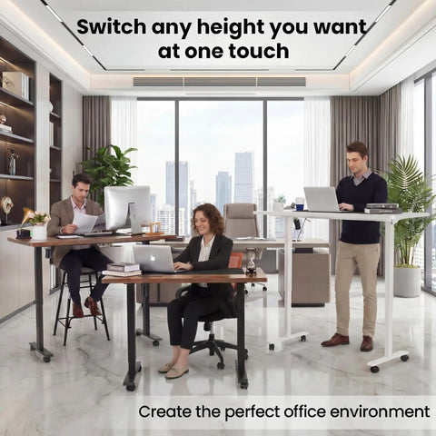 Farexon Electric Standing Desk Adjustable Height Black Brown Wood Grain Surface With Power Outlets, Wheels, And Mouse Pad For Home Office Gaming Computer Workstation Ergonomic Lift Table in modern office setting.