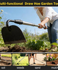 Heavy Duty Garden Weed Hoe With Stainless Steel Long Handle, Stand Up Scraping Weeder Tool, person using tool in garden