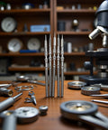 5 Piece Steel Watch Stem Crowns Kit For NH35 NH36 NH38 NH39 Movements Replacement Parts on workbench with tools