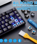 Blue Mechanical Keyboard Switches 100 Pack With Upgraded 4 Claw Puller And Cleaning Brush shown on a keyboard
