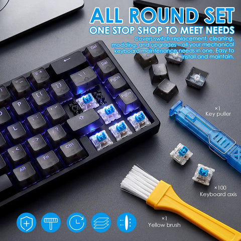 Blue Mechanical Keyboard Switches 100 Pack With Upgraded 4 Claw Puller And Cleaning Brush shown on a keyboard