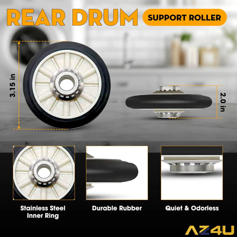 Dryer Repair Kit Compatible With Major Dryer Brands Including Maytag Whirlpool Kenmore Kitchenaid Replacement Parts 2 Rear Drum Rollers 4 Tri Rings 2 Idler Pulleys 14210017 341241 showing rear drum support roller at 3.15 and 2 inches with stainless steel inner ring and durable rubber features