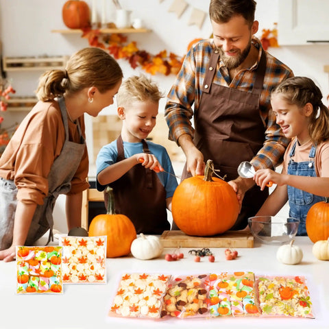 Family carving pumpkins with Fall Treat Bags 200 Pack, 4x4 Self Sealing Cellophane Bags For Candy, Snacks, Small Gifts, Thanksgiving Goodie Bags.