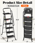 Five Step Folding Ladder With Handy Tool Tray And Safe Handrails For Home DIY Projects Portable Compact Step Stool With Locking Safety Anti Slip Feet For Easy Reach, 70.5in