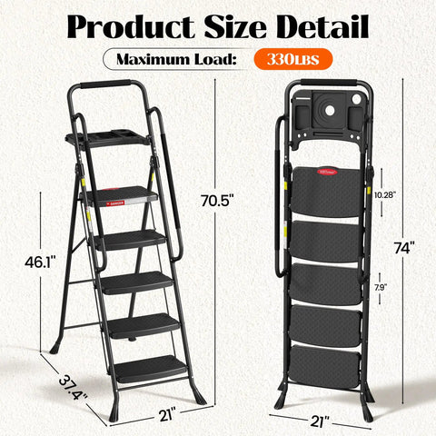 Five Step Folding Ladder With Handy Tool Tray And Safe Handrails For Home DIY Projects Portable Compact Step Stool With Locking Safety Anti Slip Feet For Easy Reach, 70.5in