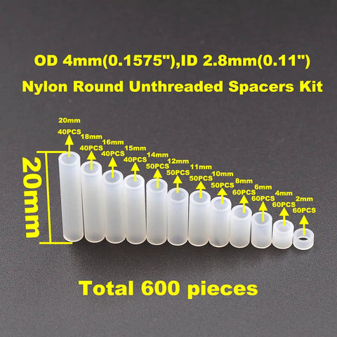 600 Pcs Nylon Spacers Set Unthreaded Round Standoffs 4mm OD 2.8mm ID White Wall Plate Spacers Kit For M2.5 Screws, Clearance Spacers, DIY Electronics, Nerdy Builder Friendly Variety Lengths, 12 sizes