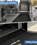 Heavy Duty Anti Fatigue Drainage Mat 82 By 35 Inch For Kitchens And Wet Areas in a restaurant kitchen and utility garage