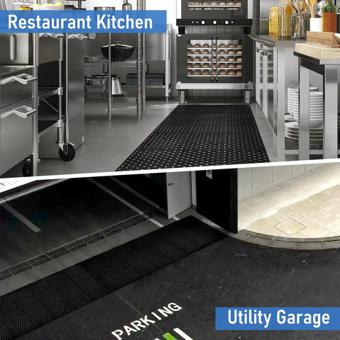 Heavy Duty Anti Fatigue Drainage Mat 82 By 35 Inch For Kitchens And Wet Areas in a restaurant kitchen and utility garage