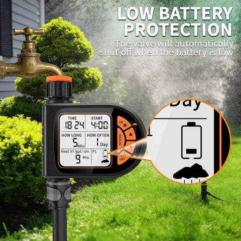 Plug And Play Programmable Sprinkler Timer For Garden Hose With Rain Delay and Manual Watering featuring LCD screen in use