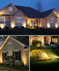 Outdoor Landscape Lighting Kit Six Pack With Transformer Plug In LED Spot Lights For Garden Yard Lawn Trees House Flags IP65 Waterproof Warm White Safe Low Voltage Setup No Fuss Install showcasing illuminated house and garden
