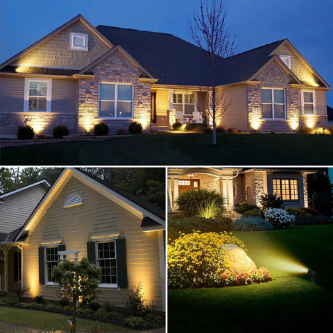 Outdoor Landscape Lighting Kit Six Pack With Transformer Plug In LED Spot Lights For Garden Yard Lawn Trees House Flags IP65 Waterproof Warm White Safe Low Voltage Setup No Fuss Install showcasing illuminated house and garden