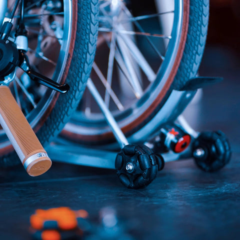 Brompton omni wheel upgrade for folding bike with 58mm nylon PA construction and stainless steel bearings for smooth, quiet rides.
