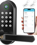 Fingerprint Smart Door Lock With Handle And Keypad Bluetooth Keyless Entry For Front Door Home Airbnb And Rentals App Access And Code Entry Works With Alexa And Google Easy DIY Install showing lock, smartphone app, and key tags.