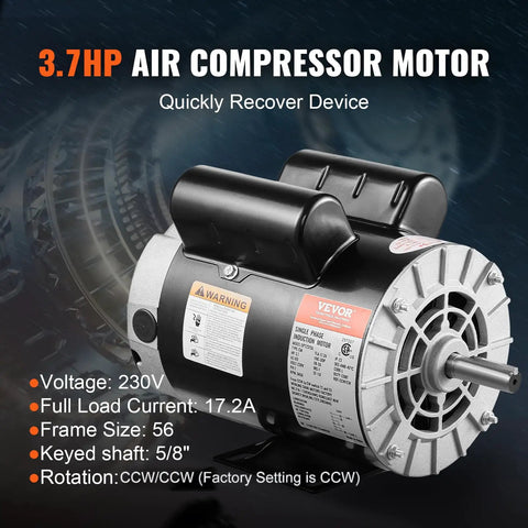 3.7 HP Air Compressor Motor, 3450 RPM, 230V, Single Phase, 2 Pole, 56 Frame, Open Drip Proof, Five Eighths Inch Keyed Shaft, 1.88 Inch Shaft Length