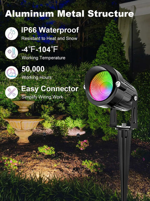 All-In-One RGBW Landscape Lighting Kit With 8 Color Changing 5W Low Voltage LED Spotlights 60W Transformer 80Ft Wire showcase in garden