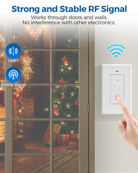 Person using Remote Control Outlet Switch for Lamps and Lights, 100Ft RF Range, next to a window showing holiday decor.