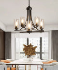 Five Light Black Glass Chandelier With Rustic Metal Pendant Lighting for farmhouse kitchen living room dining area ceiling mount.