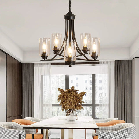 Five Light Black Glass Chandelier With Rustic Metal Pendant Lighting for farmhouse kitchen living room dining area ceiling mount.