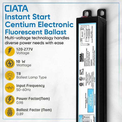 Instant Start Centium Fluorescent Ballast For 3 F32T8 Lamps 120-277V 50-60Hz solid wire, product specifications displayed.