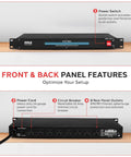 Front and back view of Rack Mount Power Conditioner With 1800W Capacity, 8 Outlets, 19 Inch Enclosure, Surge Protection And Noise Suppression For Studio Gear, Heavy Duty Pro Audio Power Strip For AV Setups, Rear Panel Circuit Breaker.