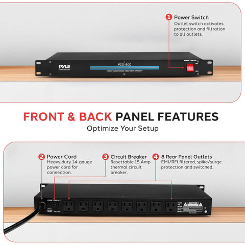 Front and back view of Rack Mount Power Conditioner With 1800W Capacity, 8 Outlets, 19 Inch Enclosure, Surge Protection And Noise Suppression For Studio Gear, Heavy Duty Pro Audio Power Strip For AV Setups, Rear Panel Circuit Breaker.