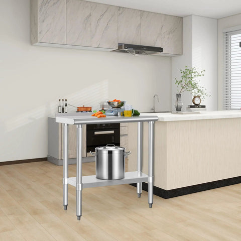 Built Tough Stainless Steel Commercial Work Table 14x30 Inches With Undershelf And 2 Inch Backsplash Heavy Duty NSF 430 Kitchen Prep Station For Restaurants And Food Service in modern kitchen setting.