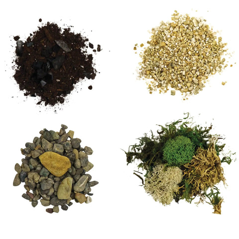 Terrarium Starter Kit With Moss, Soil, Vermiculite, Pebbles, Plant Food, Finishing Tools, And A Simple Build And Care Guide soil, vermiculite, pebbles, moss