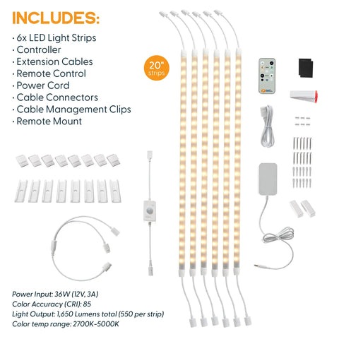 Under Cabinet LED Light Kit For Kitchen With Motion Sensor 6 Strips, power supply, cables, remote, and brackets displayed.