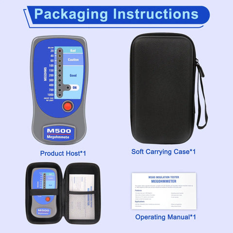 High Voltage Insulation Tester Megohmmeter Up To 1000 Megohms At 500 Volts For HVAC Pros Tough Impact Resistant Meter With Soft Case LED Zone Indicator Compatible With Supco M500 Ideal For Compressor And Motor Windings, black carrying case and manual
