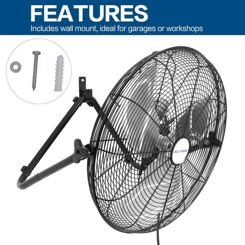 Built Tough 20 Inch Heavy Duty Floor Fan With Three Speed Settings Delivers 3900 To 4650 CFM Of High Velocity Airflow With Wall Mount Kit