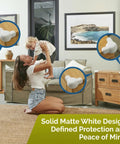 Tot Approved Silicone Corner Protectors For Baby Proofing Tables And Desks Using Heavy Duty Peel And Stick System To Cushion Hard Hits And Shield Rowdy Kids From Sharp Edges In Crisp White 12 on furniture with a child.
