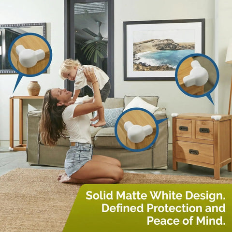 Tot Approved Silicone Corner Protectors For Baby Proofing Tables And Desks Using Heavy Duty Peel And Stick System To Cushion Hard Hits And Shield Rowdy Kids From Sharp Edges In Crisp White 12 on furniture with a child.