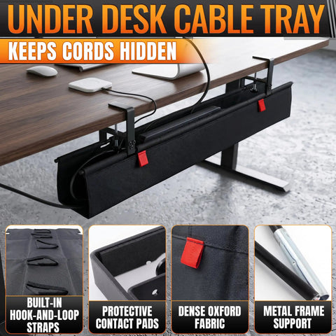 36 Inch Under Desk Cable Management Tray With No Drill Clamp On And Built In Ties under a wooden desk showing dense 600D Oxford Fabric