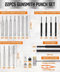 22-Piece Punch and Hammer Set With Interchangeable Hammer Heads, Steel Roll Pin Punch Set, detailed layout with sizes