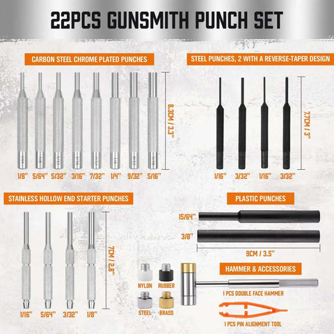 22-Piece Punch and Hammer Set With Interchangeable Hammer Heads, Steel Roll Pin Punch Set, detailed layout with sizes