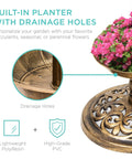 Outdoor Solar Lighted Bird Bath Fountain With Planter And Integrated Panel In Bronze Pedestal Water Feature With Flowers