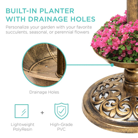 Outdoor Solar Lighted Bird Bath Fountain With Planter And Integrated Panel In Bronze Pedestal Water Feature With Flowers
