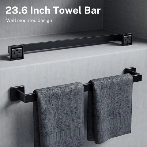 Matte Black Bathroom Accessories Set Five Piece Wall Mounted Hardware Kit Built To Last In 304 Stainless Steel Rustproof Towel Bar Rack With 23 Inch Towel Rails For A Modern Sleek Look featuring 23.6-inch wall-mounted towel bar