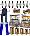 Rivet Nut Tool Kit With 860 PCS SAE And Metric Rivet Nuts Handy Nutsert Tool Set for auto DIY projects shown with contents.