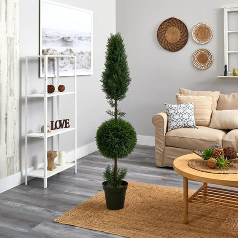 5 Ft Cypress Ball And Cone Silk Tree For Indoor Or Outdoor Use With 1,092 Leaves In A 10 W X 9 H Pot in living room setting